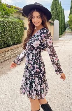 V-hals Jurk Paris Bloemen Zwart Roze -Kleding Promotie Winkel V hals Jurk Paris Bloemen Zwart Roze 1 586x900 1