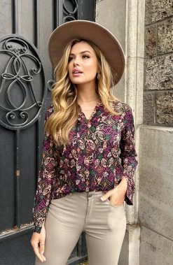 V-hals Print Blouse Zwart Magenta -Kleding Promotie Winkel V hals Print Blouse Zwart Magenta 4 586x900 1