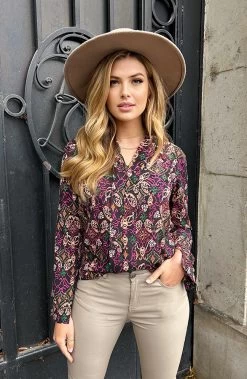 V-hals Print Blouse Zwart Magenta -Kleding Promotie Winkel V hals Print Blouse Zwart Magenta 5 586x900 1