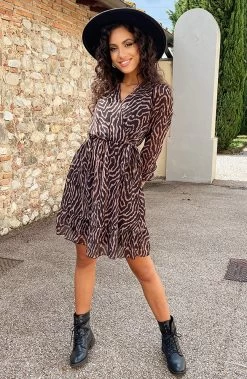 V-hals Strik Jurk Zebra Camel -Kleding Promotie Winkel V hals Strik Jurk Zebra Camel 2 586x900 2