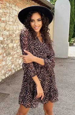 V-hals Strik Jurk Zebra Camel -Kleding Promotie Winkel V hals Strik Jurk Zebra Camel 3 586x900 1