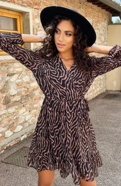 V-hals Strik Jurk Zebra Camel -Kleding Promotie Winkel V hals Strik Jurk Zebra Camel 4 586x900 2