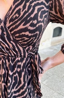 V-hals Strik Jurk Zebra Camel -Kleding Promotie Winkel V hals Strik Jurk Zebra Camel 586x900 1