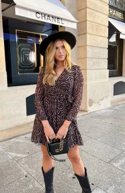 V-hals Strik Jurk Zebra Camel -Kleding Promotie Winkel V hals Strik Jurk Zebra Camel 6 586x900 1