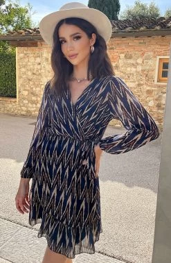 V-hals Strik Jurk Zigzag Kobalt -Kleding Promotie Winkel V hals Strik Jurk Zigzag Kobalt 3 586x900 1