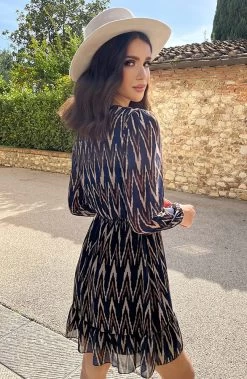 V-hals Strik Jurk Zigzag Kobalt -Kleding Promotie Winkel V hals Strik Jurk Zigzag Kobalt 4 586x900 1