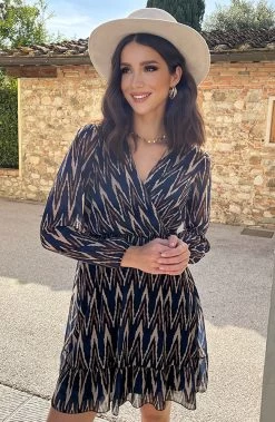 V-hals Strik Jurk Zigzag Kobalt -Kleding Promotie Winkel V hals Strik Jurk Zigzag Kobalt 5 586x900 1